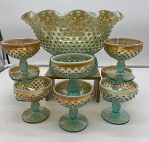 lot 480 image: Fenton Levay Aqua Opalescent Carnival Glass Hobnail Champagne Punch Bowl with 8 SherbetChampagne Glasses