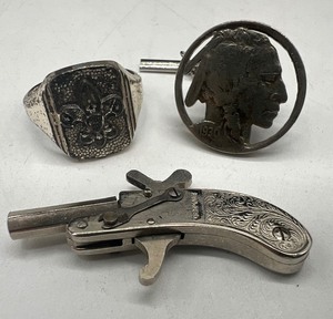 lot 484 image: Sterling Silver Boy Scout Ring, Mini German Toy Pinfire PistolTie BarCharm