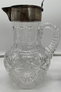 lot 422 image: Derby and Co Silver Plate Footed Dish,  Weighted Candlestick, Cut Crystal and Silver Plate Pitcher