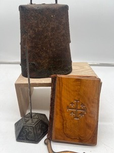 lot 449 image: Vintage Cowbell, Receipt Holder, Hooks and Wood Cover Bible