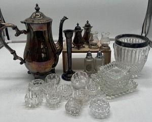 lot 450 image: Wm. Rogers Silverplate Coffee Pot, Gorham S.P. Vase, S.P. Salt and Pepper set LOT