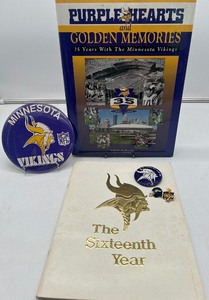 lot 464 image: Minnesota Vikings Purple Hearts Book and Vintage Enamel Pins