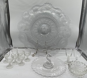 lot 433 image: Large Antique Pressed Glass Platter, Tidbit Tray and Depression Era Cordials