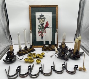 lot 434 image: Cross Stitch Framed Holiday Wall Hanging, 7 Candlestick Lamps, 12 Stocking Hangers and 10 Vintage Candle Clips