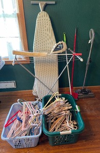 lot 310 image: Iron Ironing Board, Folding Hangers, Drying Rack Shark Vacuum and Swifter