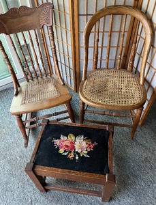 lot 333 image: Oak Cane Bottom Chair and Rocking Chair Oak Footstool