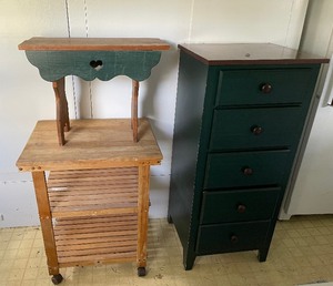 lot 311 image: Tall GreenDresser, Wooden Cart on Wheels and Green Bench