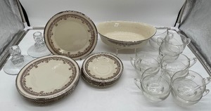 lot 328 image: Lenox Lace Point Dishes, Clear Cups and Duncan Miller Candlesticks