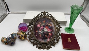 lot 313 image: Floral Pictures and Metal Frame, Comedy of Errors Book Green Cut Glass Lot