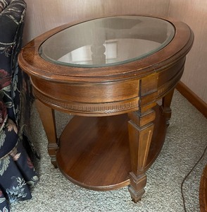 lot 357 image: Solid Wood Glass Top End Table 1 of 2