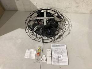 lot 411 image: Caged Ceiling Fan with Light, 16 Black Small Flush Mount Ceiling Fan with Remote