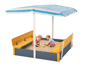 lot 12 image: Kids Wooden Sandbox with Storage Box, Sand Pit with 2 Foldable Bench Seats