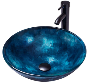 lot 28 image: Vessel Sink Bathroom Sinks Tempered Glass Blue Art Basin Round Bowl with Faucet