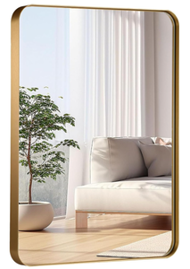 lot 167 image: Gold Bathroom Mirror, Brushed Metal Framed Rectangle Mirror with Rounded Corner