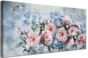 lot 179 image: Flowers Canvas Wall Art Abstract Peony Landscape Painting, Pink Florals and Butterfly Picture Print Textured Artwork