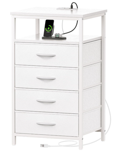 lot 220 image: Night Stand with Charging Station, Multiple Drawer Dresser for Bedroom, Bedside Table, Tall Nightstand with Open Shelf