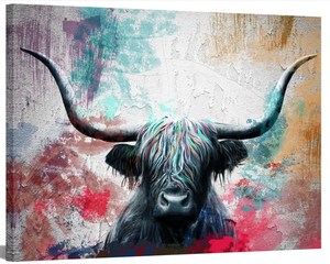 lot 264 image: Large Highland Cow Canvas Wall Art Abstract Longhorn Cattle Animal Pictures Painting