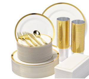 lot 281 image: HEAVYWEIGHT 400 Pcs Gold Plastic Plates  Fancy Disposable Dinnerware Set for 50 Guests