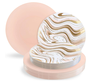 lot 284 image: Curve Dinnerware White, Gold & Pink Eleganza Set - 32 Count  Disposable Plastic Plate Set with 16 Lunch Plates 7.5 & 16 Dinner Plates 10