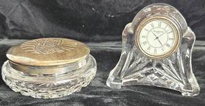lot 33 image: Waterford Crystal Abbey Clock 3.5 H x 4 W (with box) and Trinket Dish 3.25 x 2 with silverplated lid