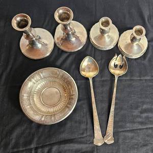 lot 22 image: STERING SILVER Pair of Towle and Pair of B & M Sterling Weighted Candlesticks & Gorham Frontenac Pattern Sterling Bowl 6 plus Sterling Silver Serving Spoon and Fork 9.5