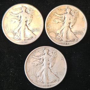 lot 13 image: 3 Walking Liberty Silver Half Dollars