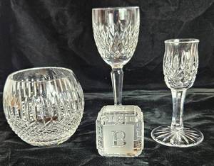 lot 34 image: Waterford Crystal Rose Bowl 3, 5 Araglin Single Candlestick Holder, Baby Block 2.25 cube (with box) and 6.25 wine glass