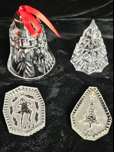 lot 32 image: Waterford 12 Days of Christmas 1993 Lords A Leaping Ornament (with case), Christmas Tree 1980 ornament (with case), 3 Angel Bell and 3 Crystal Tree