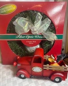 lot 48 image: Holiday Festive Decor - Ceramic Nativity Set, Fiber Optic Wreath, Lead Crystal Lighted Tree, Porcelain Deer Family and More