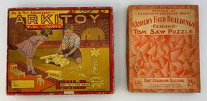 lot 24 image: Vintage Chicago Worlds Fair Puzzle & Arkitoy Wooden Play Lumber Building Set