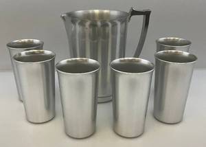 lot 41 image: Vintae Kenstington Aluminum Ware Pitcher & Cups Set