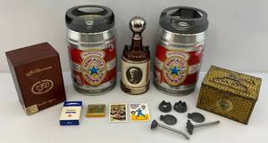 lot 247 image: Misc. Beer, Tobacco Items, Wooden Dominicana Cigar Box With Misc. Cigars & More