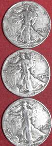 Lot of (3) 1942P 90% Silver Walking Liberty Half Dollars