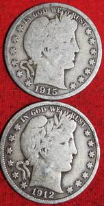 Lot of (2) 1915S1912P 90% Silver Barber Half Dollars