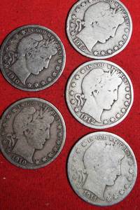 Lot of (5) 1910S1913D1912P1911S1910S 90% Silver Barber Half Dollars