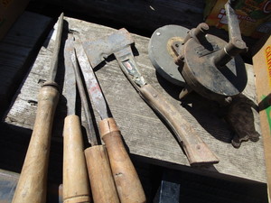Vintage Grinder, Hatchet, Lathe Knives