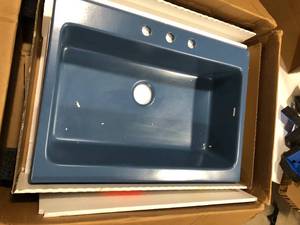 SINKOLOGY Josephine 34 in. 3-Hole Quick-Fit Farmhouse Apron Front Drop-in Single Bowl Matte Blue Fireclay Kitchen Sink Customer Returns See Pictures