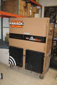 lot 901 image: Knaack DataVault Mobile Jobsite Digital Plan Station 118-01 with HP LaserJet Pro 200 color M251nw, CyberPower 1500PFCLCD, TV with Remote Control, Various Office Supplies