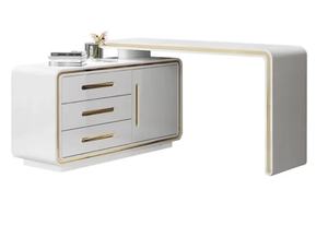 lot 22 image: Homary 47 L-Shaped Desk Corner Rotating White Office Desk with 3 Drawers & Doors  SKU J040729-W-S (Original Price  $1,919.99)