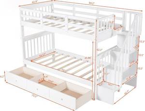 lot 23 image: Twin Over Twin Bunk Beds with Storage Drawers and Stairs NO Hardware Item Was Open No Guarantee On Missing Parts
