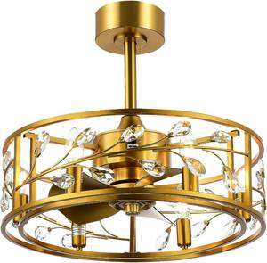 lot 29 image: Gold Caged Ceiling Fans with Lights, 20 Crystal Chandelier Ceiling Fan and Remote, Industrial Low Profile Ceiling Fan with 5 Reversible Blades for KitchenDining RoomBedroom