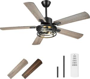 lot 38 image: 52 Inch Farmhouse Industrial Ceiling Fans with Light and Remote Control,  5 Reversible Blades, Was Instaled Not Tested