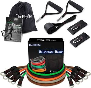 lot 50 image: TheFitLife Exercise Resistance Bands with Handles - 5 Fitness Workout Bands Stackable up to 110150200250300 lbs, Training Tubes with Large Handles, Ankle Straps, Door Anchor, Carry Bag