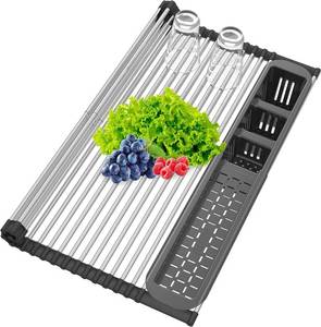 lot 58 image: Extra Large Black Expandable Roll Up Dish Drying Rack,Over The Sink Kitchen Rolling up Dish Drainer in Sink, for Kitchen Sink CounterFoldable Sink Cover with Removable Utensil Holder