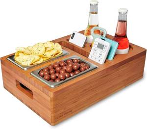 lot 102 image: COZY HEROES Bamboo Couch Console Caddy Ultimate Couch Cup Holder Tray, Middle-Couch Organizer, Drink Holder with Removable Magnetic Lid - Couch Center Console Perfect for Movie Nights for TV lovers