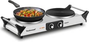 lot 107 image: Hot Plate, Techwood Double Burner  1800W Countertop Electric Adjustable Temperature  Dual Cooktop for RVHomeCamp, Upgraded Version Stainless Steel, Silver