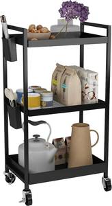 lot 114 image: STEEHOOM 3 Tier Utility Rolling Cart, Metal Rolling Storage Cart with Locking Wheels Kitchen Cart with 2 Small Hanging Cups for Bathroom, Office, Balcony, Library, Living Room (Black)