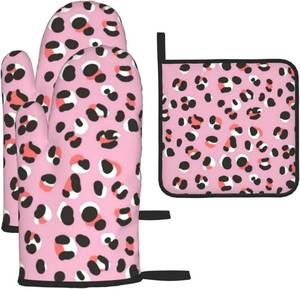 lot 121 image: Pink Leopard Print Oven Mitts and Pot Holders Sets of 3 High Heat Resistant Oven Mitts with Oven Gloves and Hot Pads Polyester Potholders