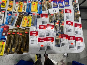 lot 22 image: HUGE TABLE FULL OF PLUG TAPS, HEXAGON DIES, SCREW EXTRACTORS, SHARPENING STONES, PUNCHES, & WEDGE KITS $350