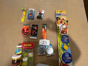 lot 27 image: YOUTH FISHING POLE, SNELLS, LINE, WEIGHTS, HOOKS, JIGS, RAPALA, PLASTICS, BAIT, & INSULATED WORN CONTAINER